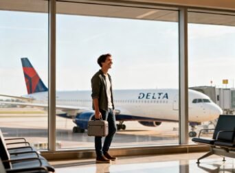 Smiling passenger with carry-on bag at airport terminal window, Delta plane parked at gate in background