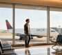 Smiling passenger with carry-on bag at airport terminal window, Delta plane parked at gate in background