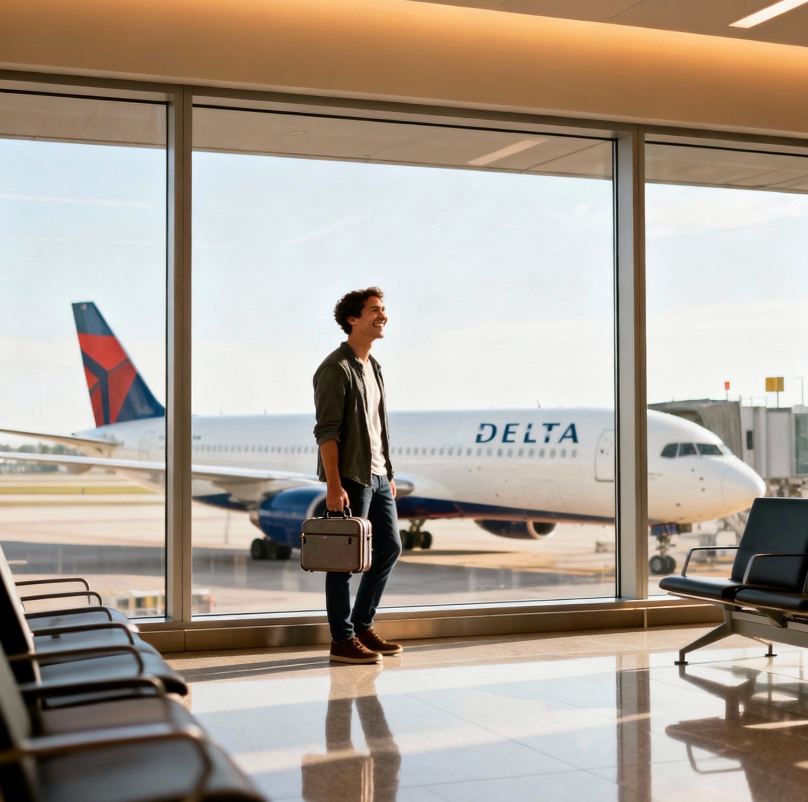 Smiling passenger with carry-on bag at airport terminal window, Delta plane parked at gate in background