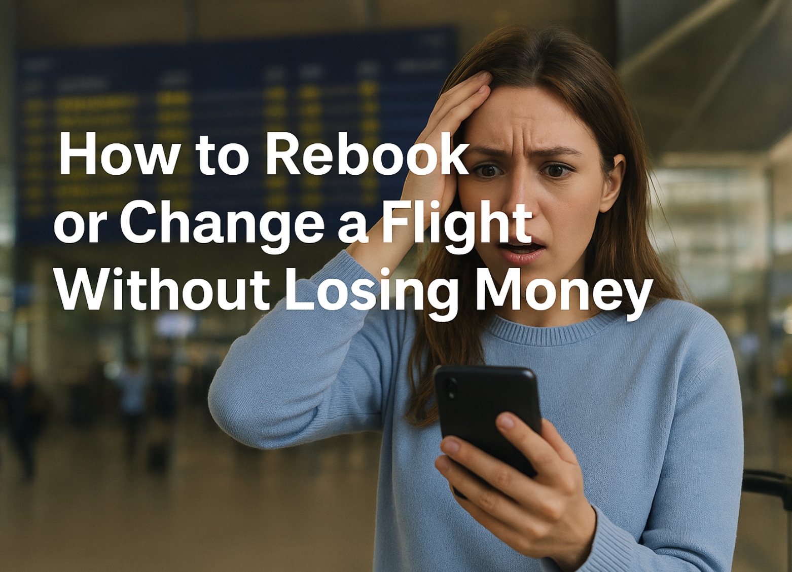 A young woman at an airport looking worried at her phone after a flight change, illustrating how to rebook or change an American Airlines flight without losing money.