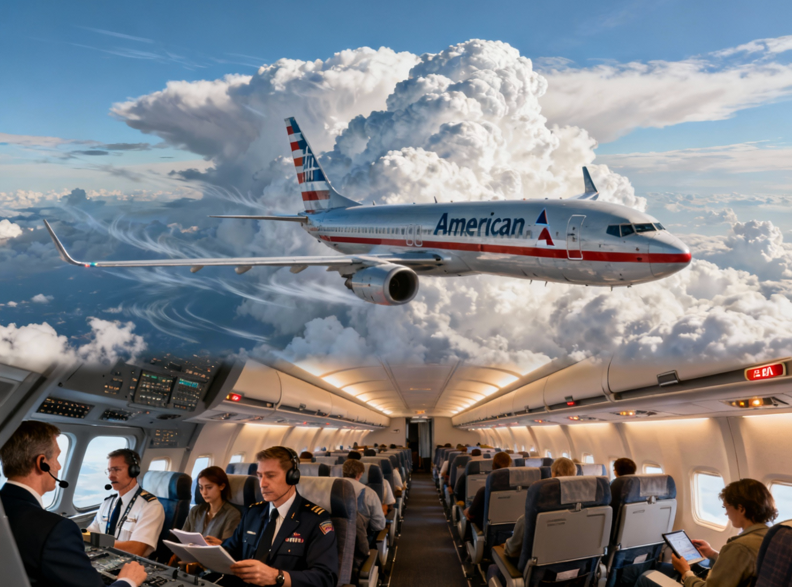Composite image showing an American Airlines airplane flying through dramatic clouds with visible turbulence trails, overlaid with interior views: passengers seated calmly inside the cabin and pilots communicating in the cockpit. The image conveys both the exterior flight conditions and the calm, professional atmosphere inside the aircraft