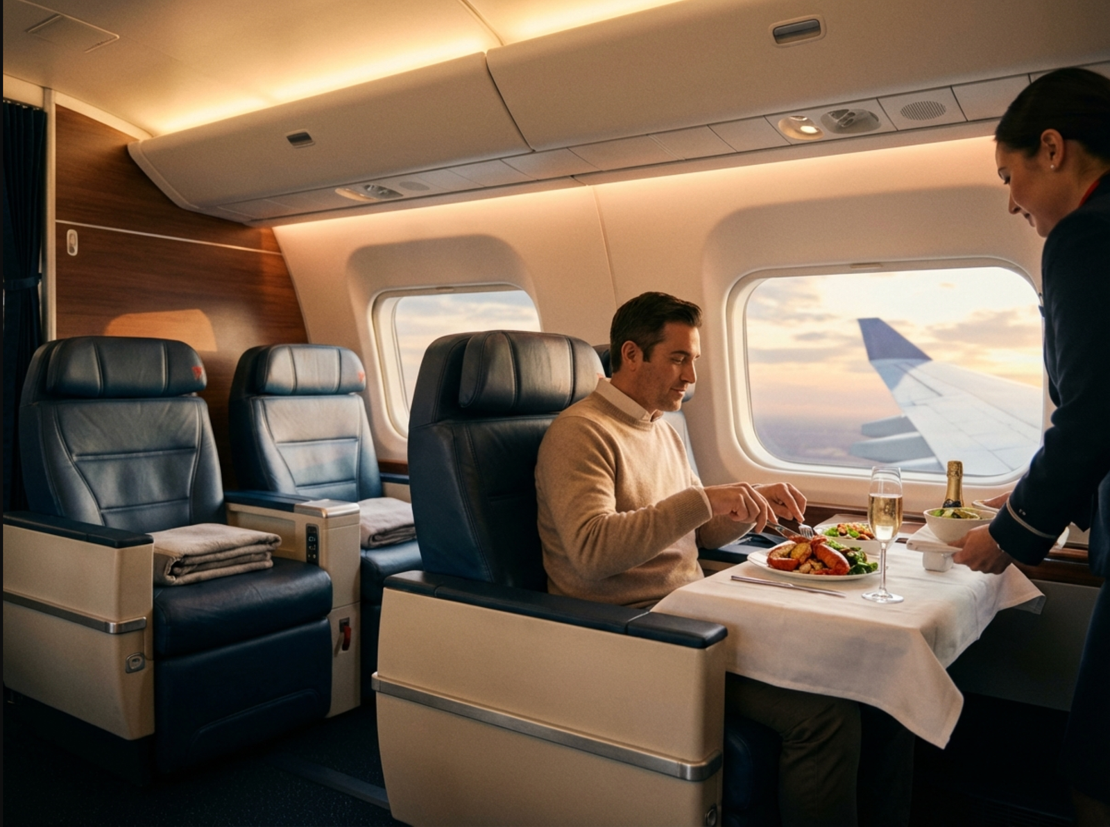Realistic image of a luxurious Delta Airlines first-class cabin with plush leather seats, ambient lighting, fine dining on a tray table, and a scenic sky view through the airplane window.