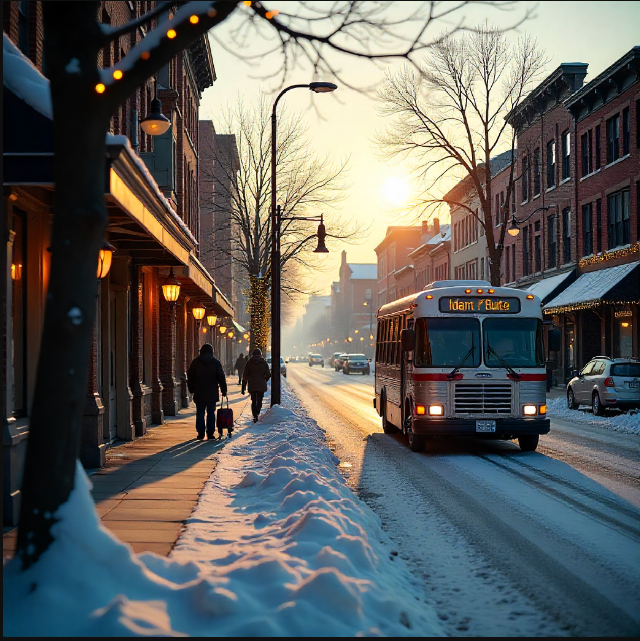 A snowy small-town street at sunset, featuring a city bus driving past brick buildings adorned with warm lights. Two people walk along the snow-lined sidewalk with luggage, and cars are visible in the background under a soft golden sky.