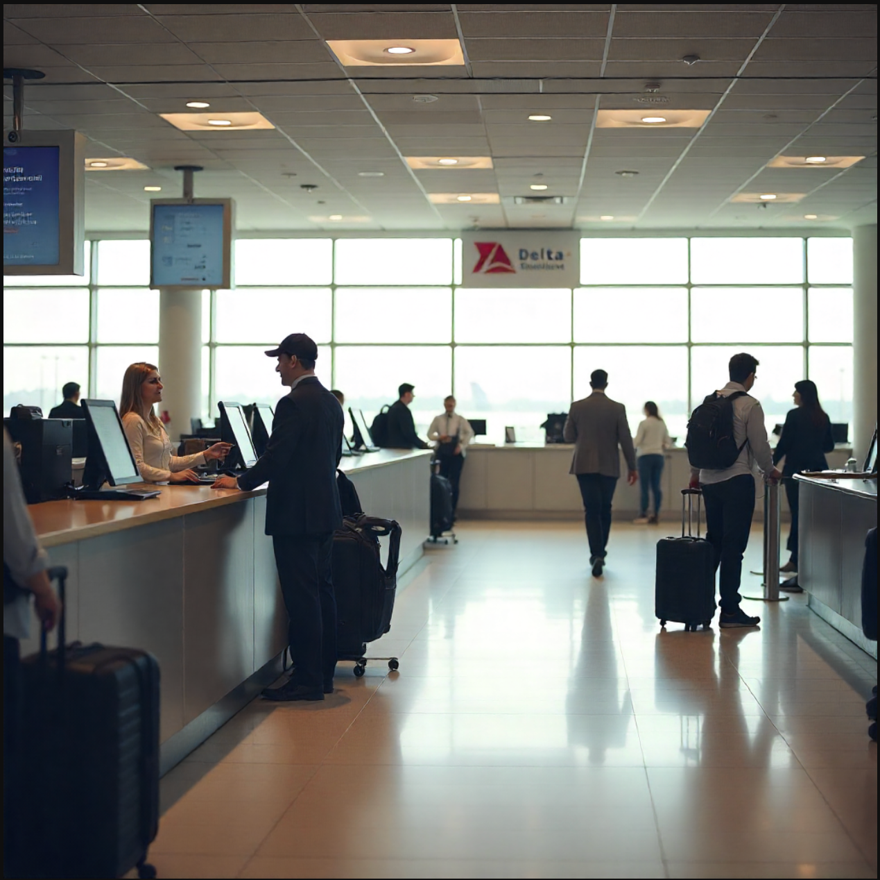 Travelers check in at Delta Airlines counters in a modern airport terminal. People with suitcases speak to airline staff at computer stations, while others walk through the bright, spacious area with large windows and polished floors.