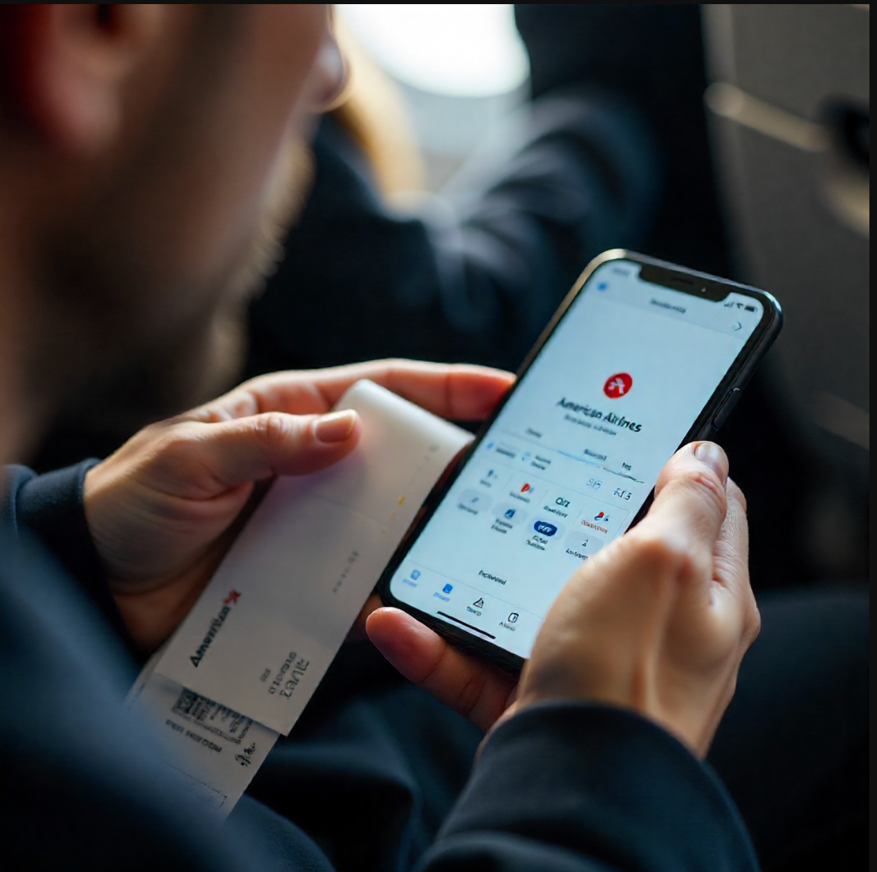 Close-up of a passenger holding a smartphone displaying the American Airlines app while also holding a printed boarding pass. The person appears seated, possibly inside an airplane, preparing for travel