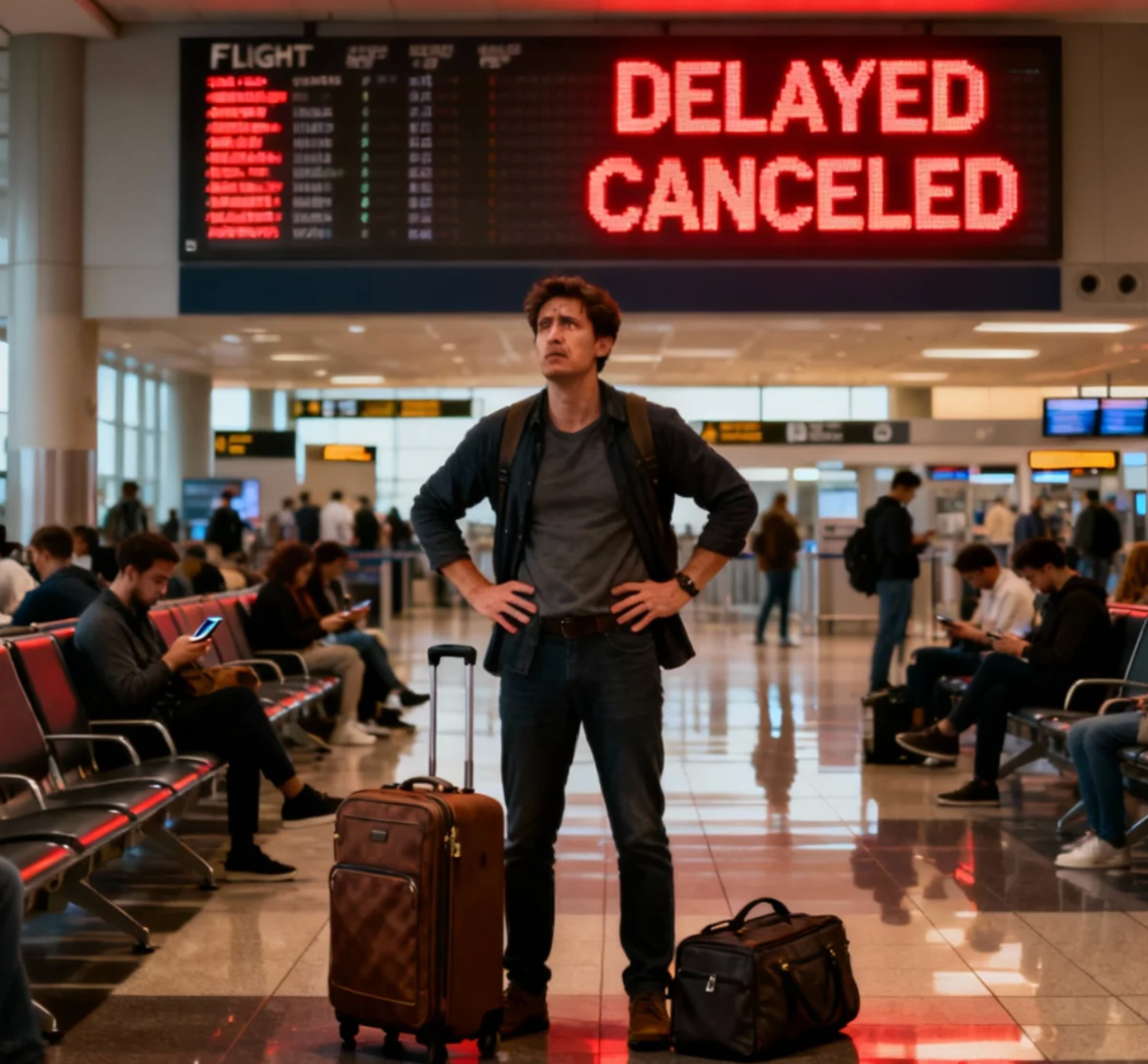 Frustrated traveler standing in an airport terminal with luggage, looking up at a large digital sign displaying 'DELAYED' and 'CANCELED' in red letters. Other passengers are seated nearby, many looking at their phones