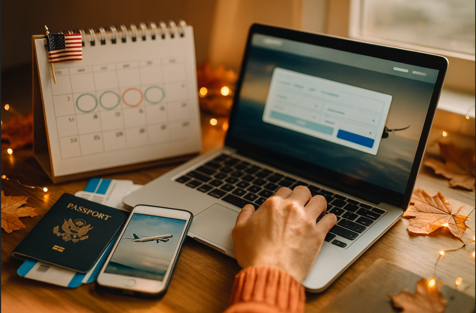 Person booking a flight on a laptop at a cozy desk with calendar, U.S. passport, phone showing airplane, autumn leaves, and fairy lights.