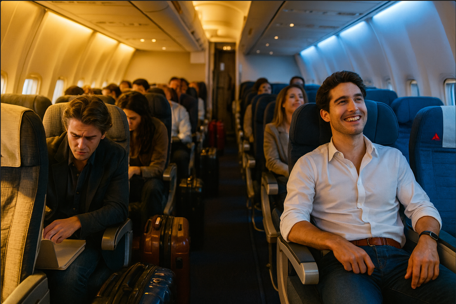 Smiling man relaxing in a spacious aisle seat on a Delta Airlines economy flight, surrounded by other passengers seated in a warmly lit cabin.