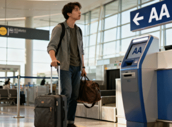 Stressed male traveler at self-check-in kiosk with luggage, AA sign above in modern airport terminal