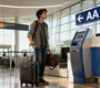 Stressed male traveler at self-check-in kiosk with luggage, AA sign above in modern airport terminal