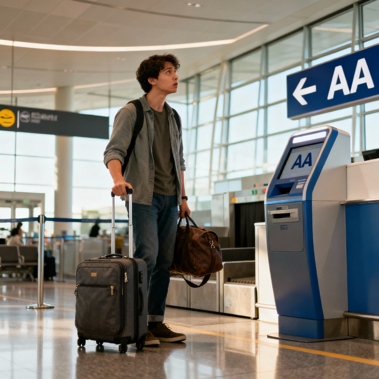 Stressed male traveler at self-check-in kiosk with luggage, AA sign above in modern airport terminal